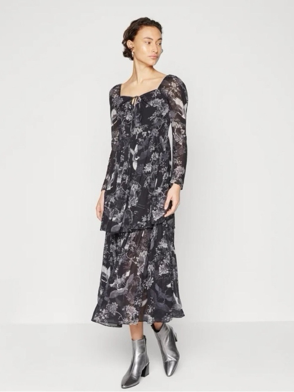 NEW All Saints Women’s Devyn Peggy Floral Print Long Sleeve Maxi Dress Black 0 - Picture 3 of 11
